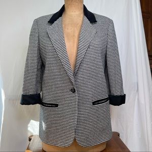 Sag Harbor Oversized Black & White Houndstooth Single Button Blazer Velvet Trim